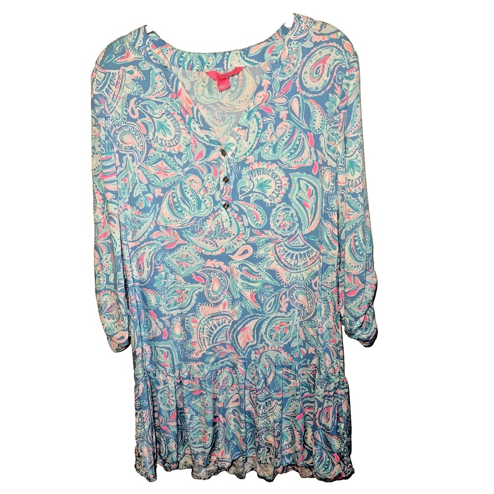 Lilly Pulitzer Sassy Cotton Dress Blue & Pink Floral Mini Shift Dress Sz XS Boho